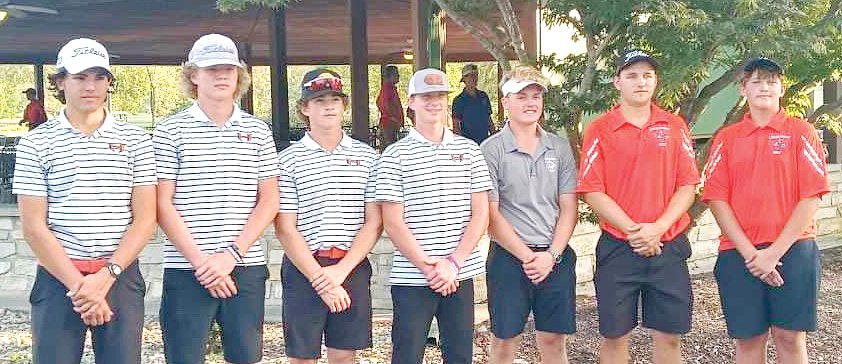 Of the 10 individual qualifiers for Monday, Oct. 4's boys golf sectional in Mt. Vernon, seven came from Montgomery County high schools. From the left, are Hillsboro's Dom Haggard, Drake Vogel, Dillon Smail and Preston Lyerla; Litchfield's Tug Schwab and Lincolnwood's Will Jenkins and Nate Brockmeyer. The seven all finished in the top 10 among players on a non-qualifying school (their respective teams finished fourth through sixth, just outside the top three qualifying places), with Haggard, Vogel and Jenkins all advancing after a playoff over two more Litchfield golfers, Ian Otto and Brawly Jacobs.